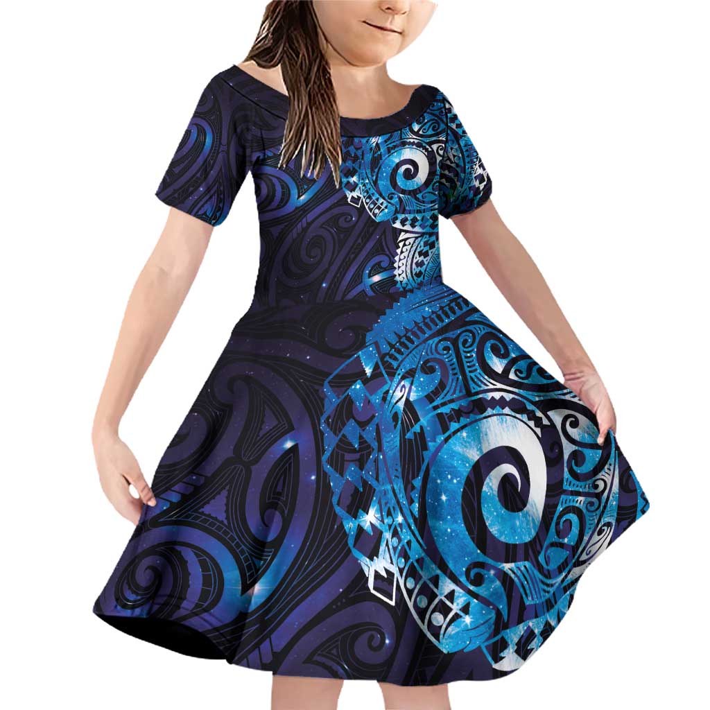 Matariki New Zealand Maori Koru Art Tattoo Family Matching Off Shoulder Short Dress and Hawaiian Shirt New Year Galaxy Blue Sky Style