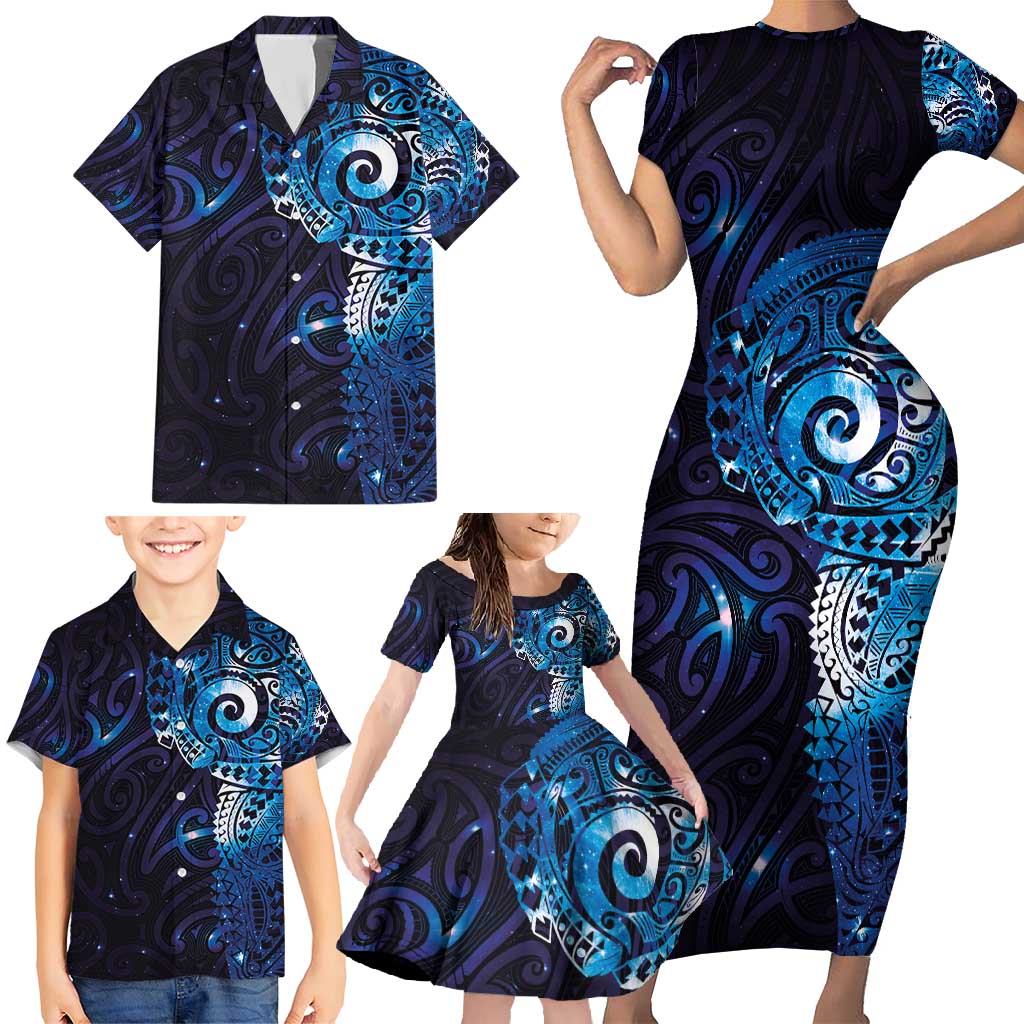 Matariki New Zealand Maori Koru Art Tattoo Family Matching Short Sleeve Bodycon Dress and Hawaiian Shirt New Year Galaxy Blue Sky Style