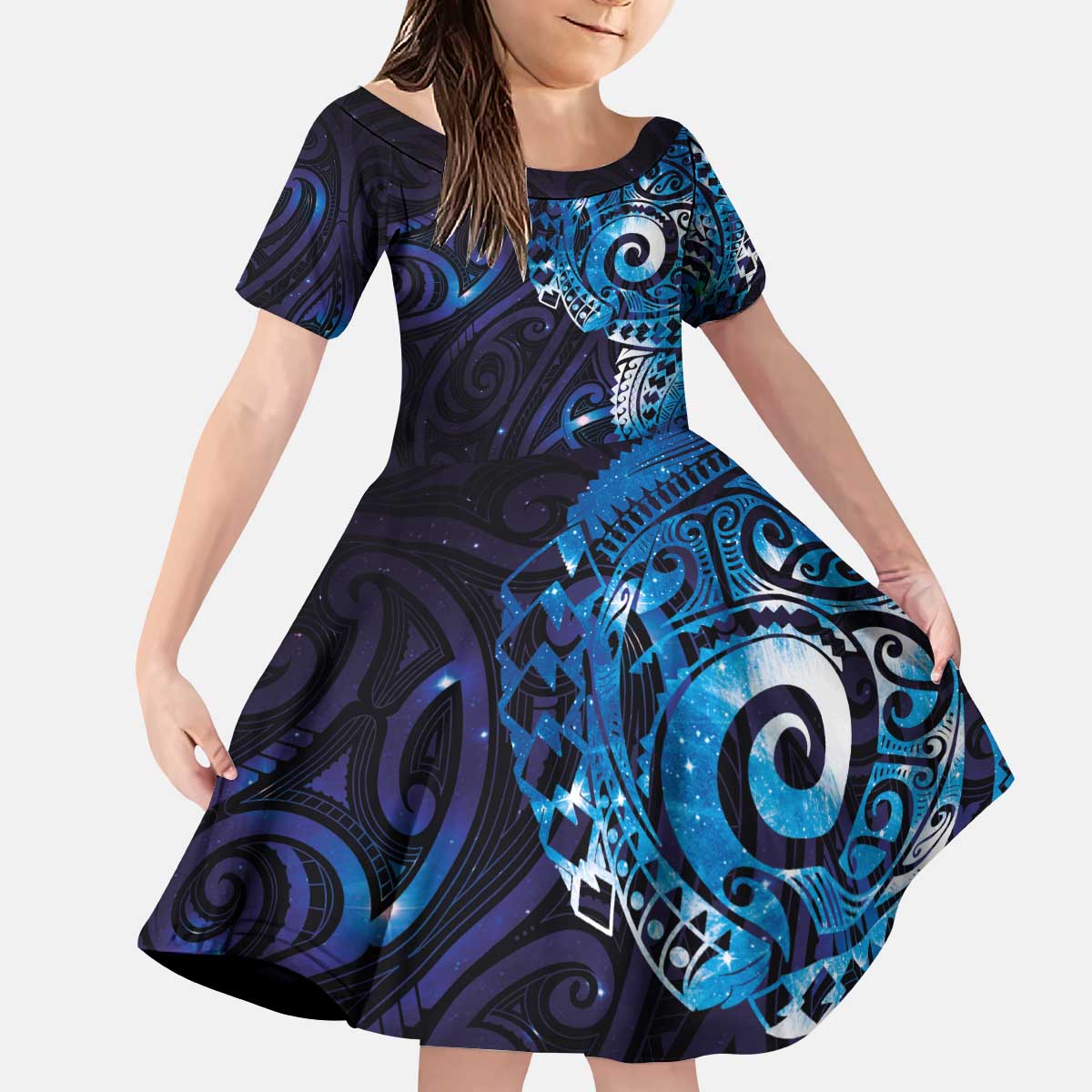 Matariki New Zealand Maori Koru Art Tattoo Kid Short Sleeve Dress New Year Galaxy Blue Sky Style