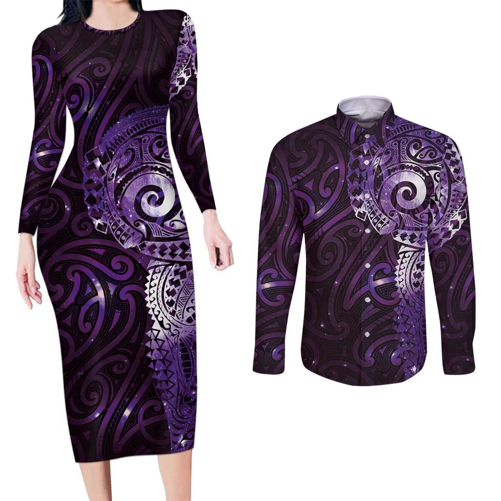 Matariki New Zealand Maori Koru Art Tattoo Couples Matching Long Sleeve Bodycon Dress and Long Sleeve Button Shirt New Year Galaxy Purple Sky Style