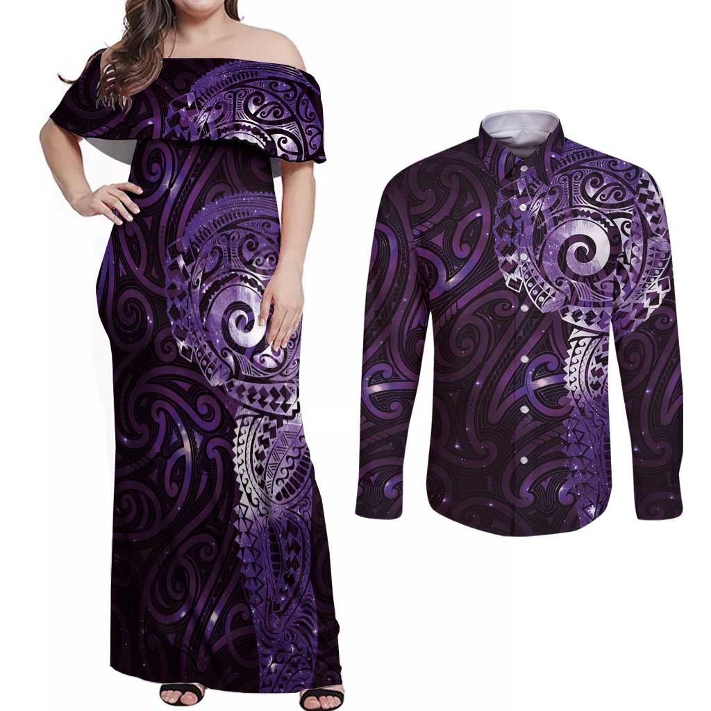 Matariki New Zealand Maori Koru Art Tattoo Couples Matching Off Shoulder Maxi Dress and Long Sleeve Button Shirt New Year Galaxy Purple Sky Style
