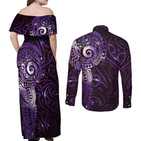 Matariki New Zealand Maori Koru Art Tattoo Couples Matching Off Shoulder Maxi Dress and Long Sleeve Button Shirt New Year Galaxy Purple Sky Style