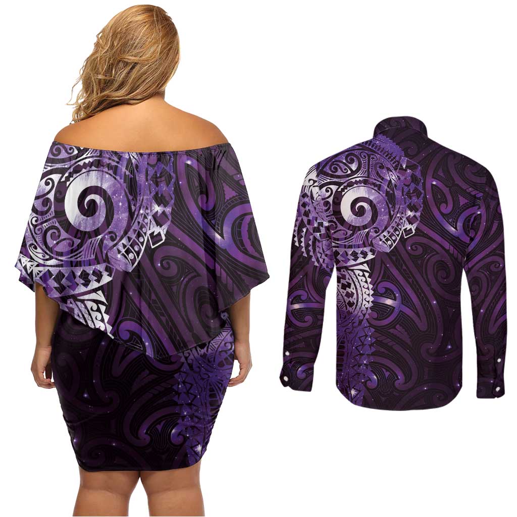 Matariki New Zealand Maori Koru Art Tattoo Couples Matching Off Shoulder Short Dress and Long Sleeve Button Shirt New Year Galaxy Purple Sky Style