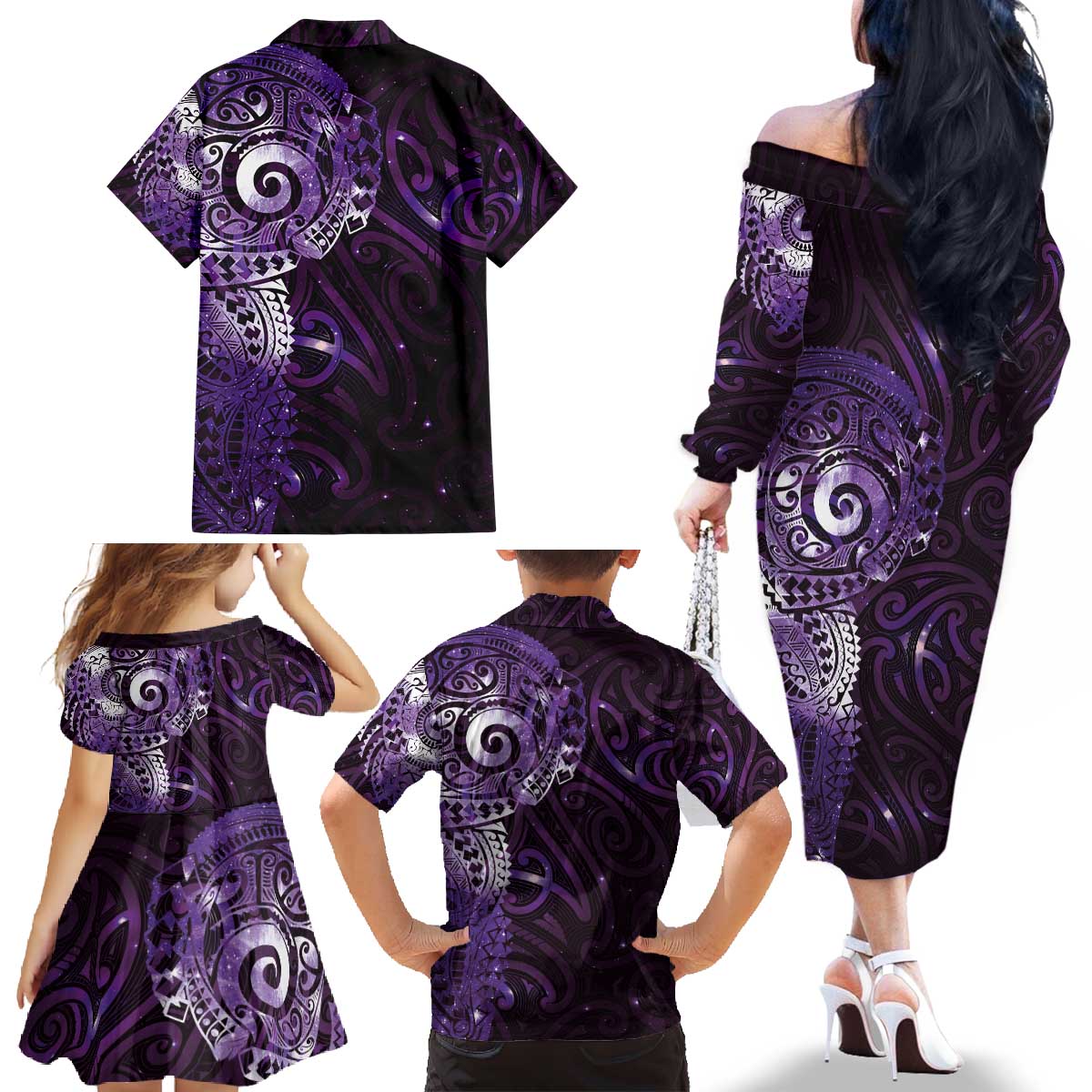 Matariki New Zealand Maori Koru Art Tattoo Family Matching Off The Shoulder Long Sleeve Dress and Hawaiian Shirt New Year Galaxy Purple Sky Style