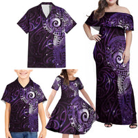 Matariki New Zealand Maori Koru Art Tattoo Family Matching Off Shoulder Maxi Dress and Hawaiian Shirt New Year Galaxy Purple Sky Style