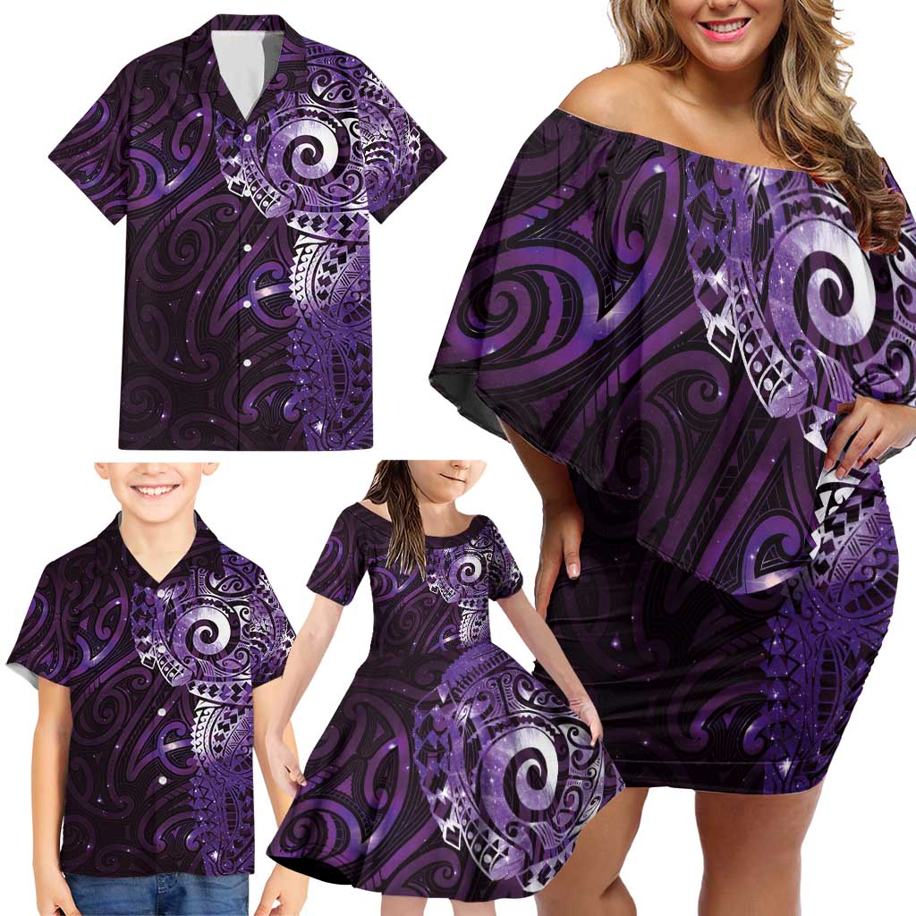 Matariki New Zealand Maori Koru Art Tattoo Family Matching Off Shoulder Short Dress and Hawaiian Shirt New Year Galaxy Purple Sky Style