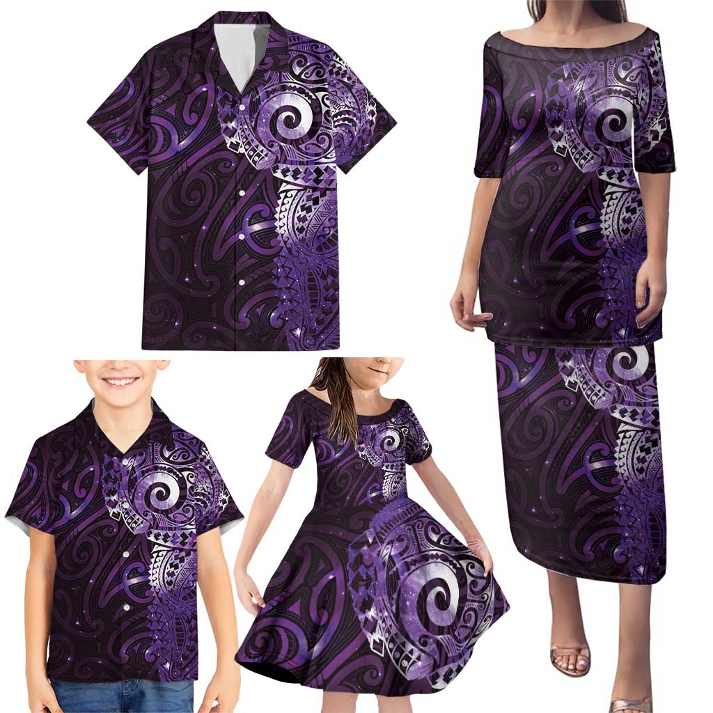 Matariki New Zealand Maori Koru Art Tattoo Family Matching Puletasi and Hawaiian Shirt New Year Galaxy Purple Sky Style