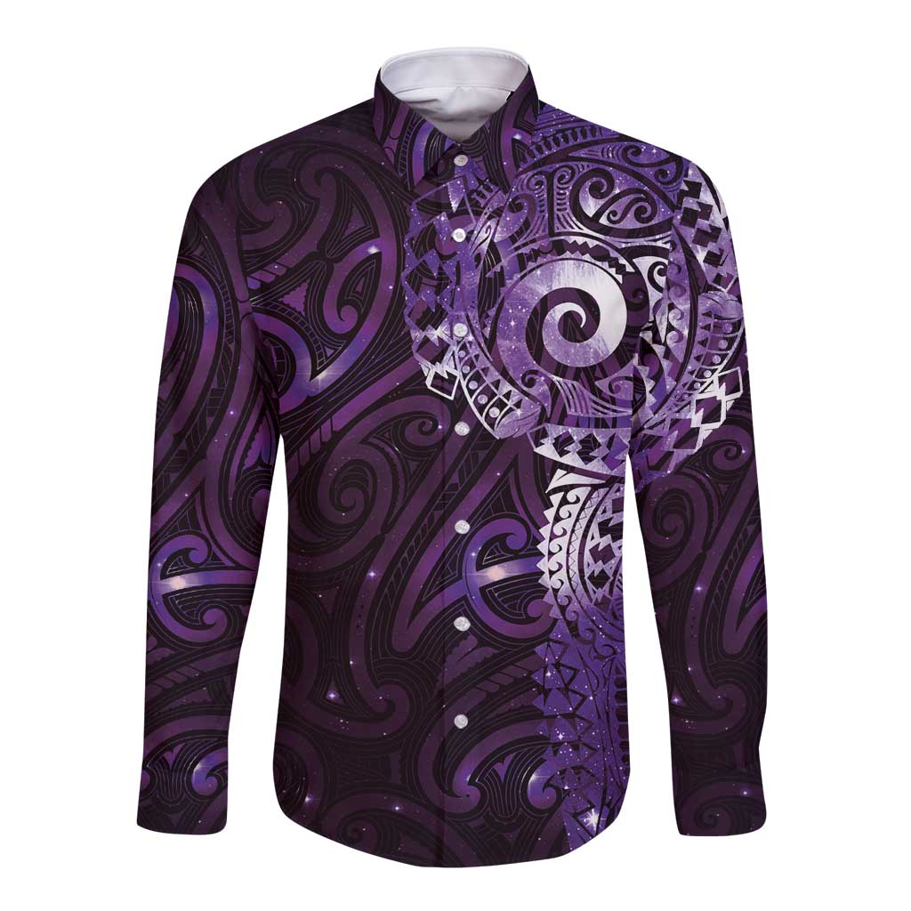 Matariki New Zealand Maori Koru Art Tattoo Long Sleeve Button Shirt New Year Galaxy Purple Sky Style