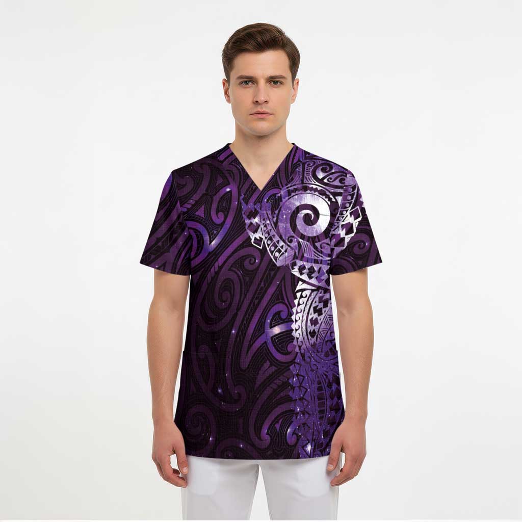 Matariki New Zealand Maori Koru Art Tattoo Scrub Top New Year Galaxy Purple Sky Style - Polynesian Pride