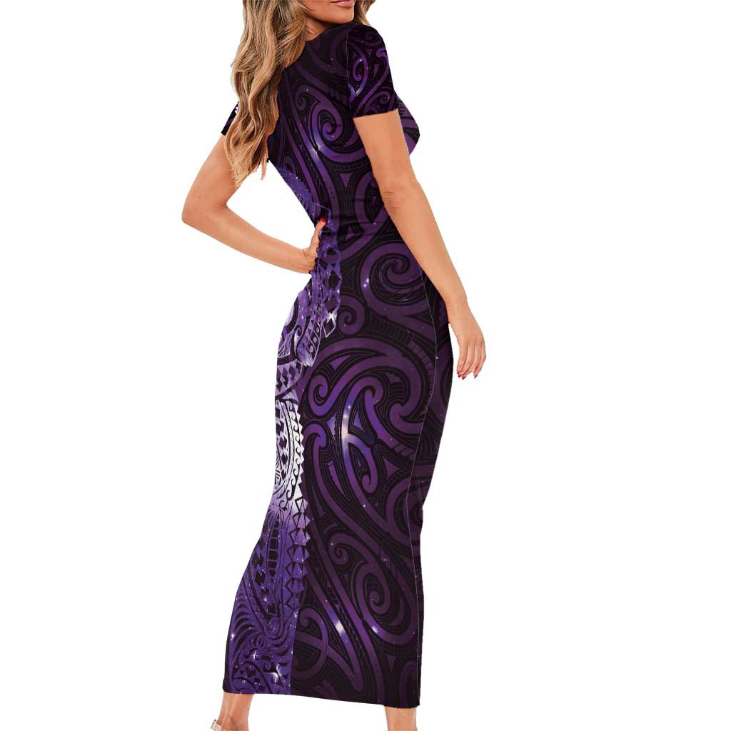 Matariki New Zealand Maori Koru Art Tattoo Short Sleeve Bodycon Dress New Year Galaxy Purple Sky Style