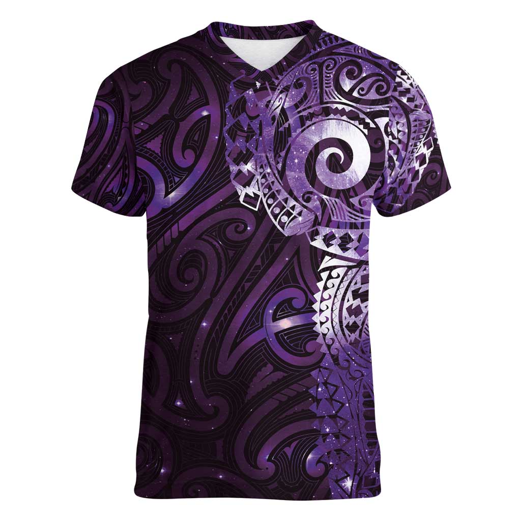 Matariki New Zealand Maori Koru Art Tattoo Women V-Neck T-Shirt New Year Galaxy Purple Sky Style