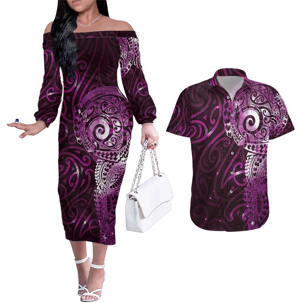 Matariki New Zealand Maori Koru Art Tattoo Couples Matching Off The Shoulder Long Sleeve Dress and Hawaiian Shirt New Year Galaxy Pink Sky Style