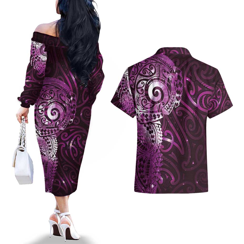 Matariki New Zealand Maori Koru Art Tattoo Couples Matching Off The Shoulder Long Sleeve Dress and Hawaiian Shirt New Year Galaxy Pink Sky Style