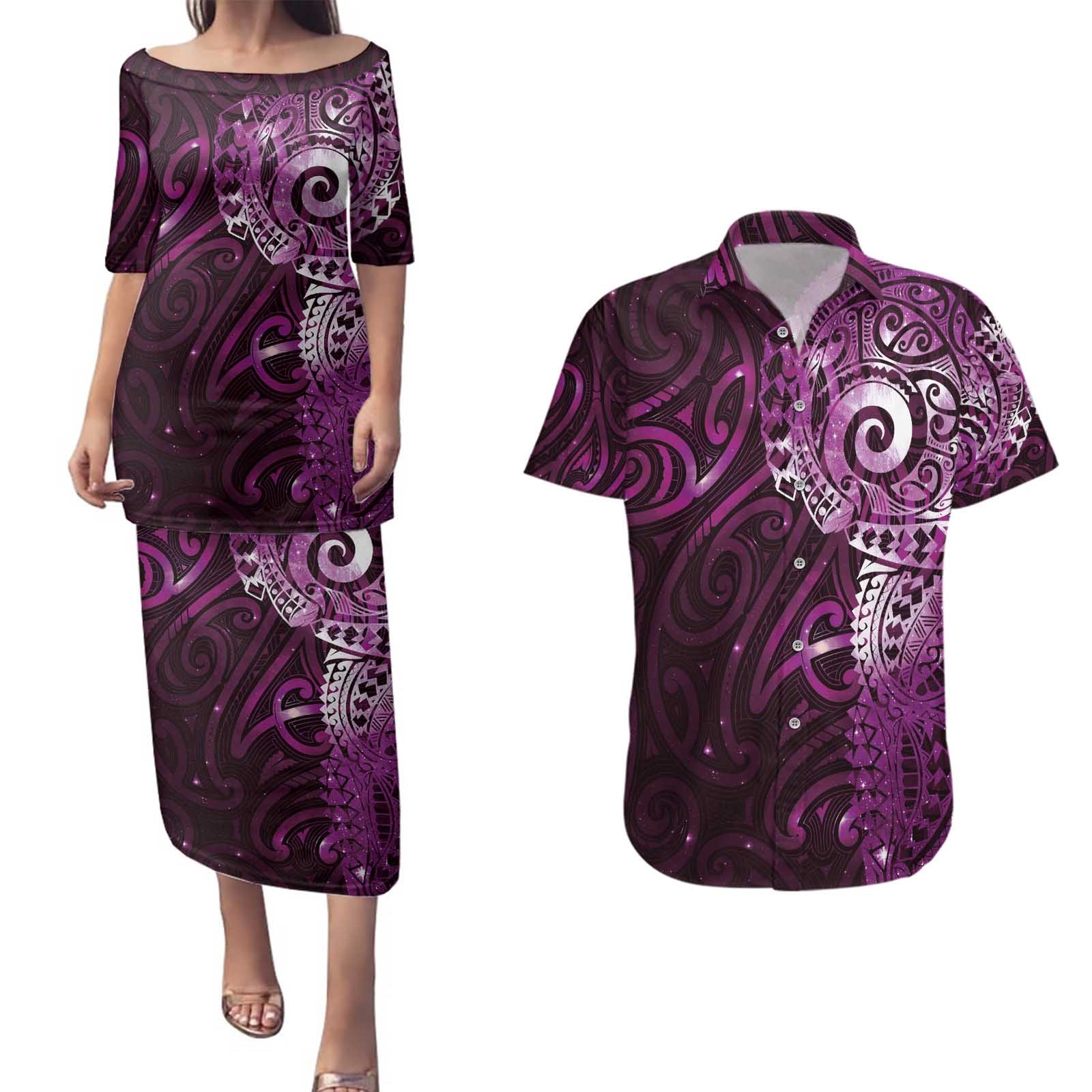 Matariki New Zealand Maori Koru Art Tattoo Couples Matching Puletasi and Hawaiian Shirt New Year Galaxy Pink Sky Style