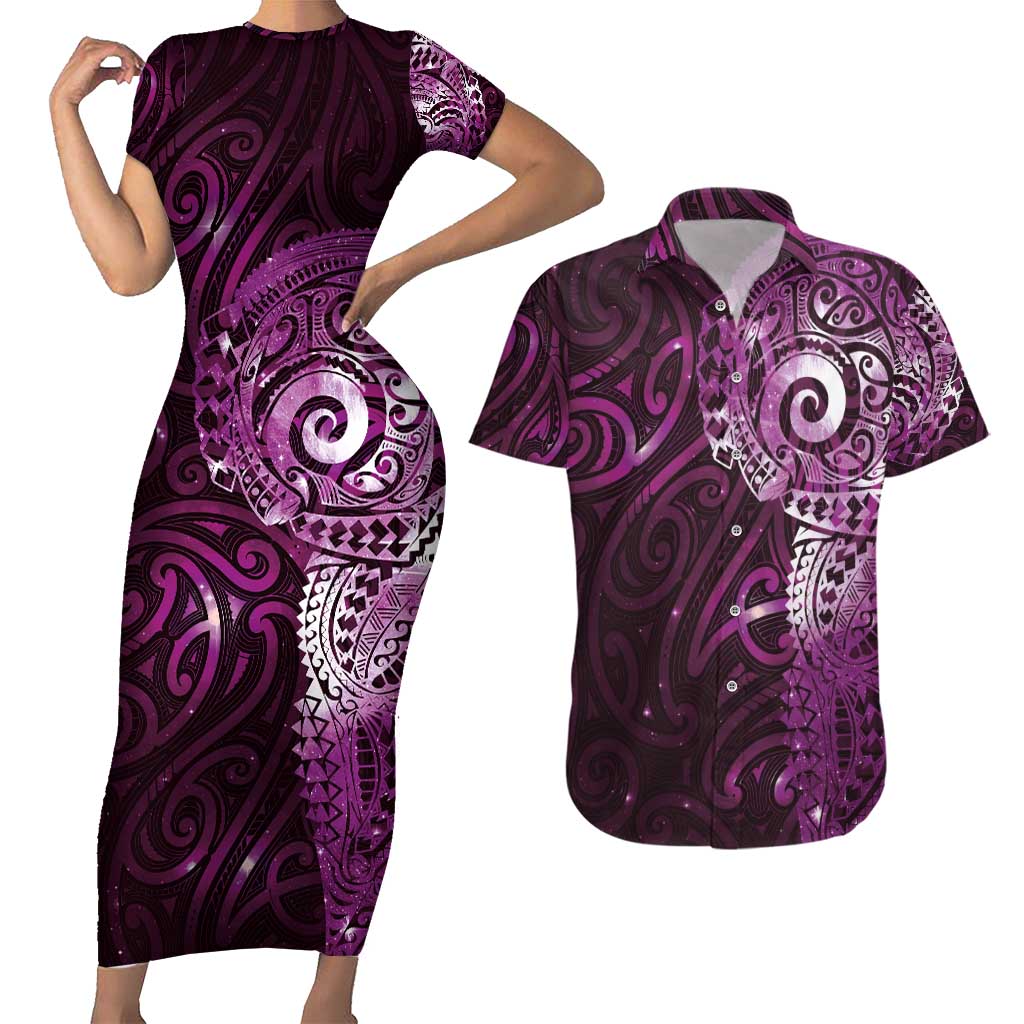 Matariki New Zealand Maori Koru Art Tattoo Couples Matching Short Sleeve Bodycon Dress and Hawaiian Shirt New Year Galaxy Pink Sky Style