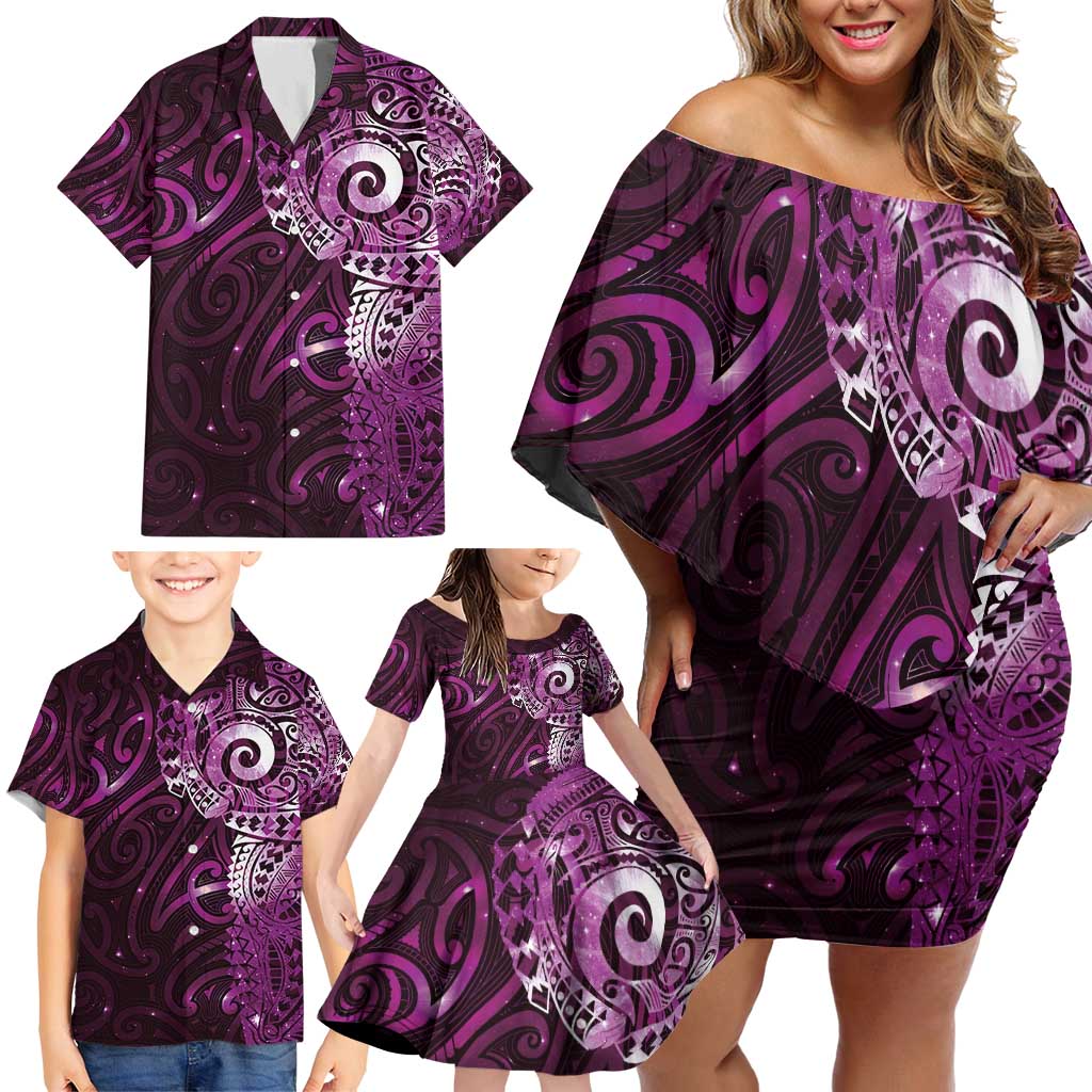 Matariki New Zealand Maori Koru Art Tattoo Family Matching Off Shoulder Short Dress and Hawaiian Shirt New Year Galaxy Pink Sky Style