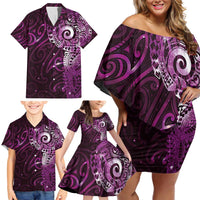 Matariki New Zealand Maori Koru Art Tattoo Family Matching Off Shoulder Short Dress and Hawaiian Shirt New Year Galaxy Pink Sky Style
