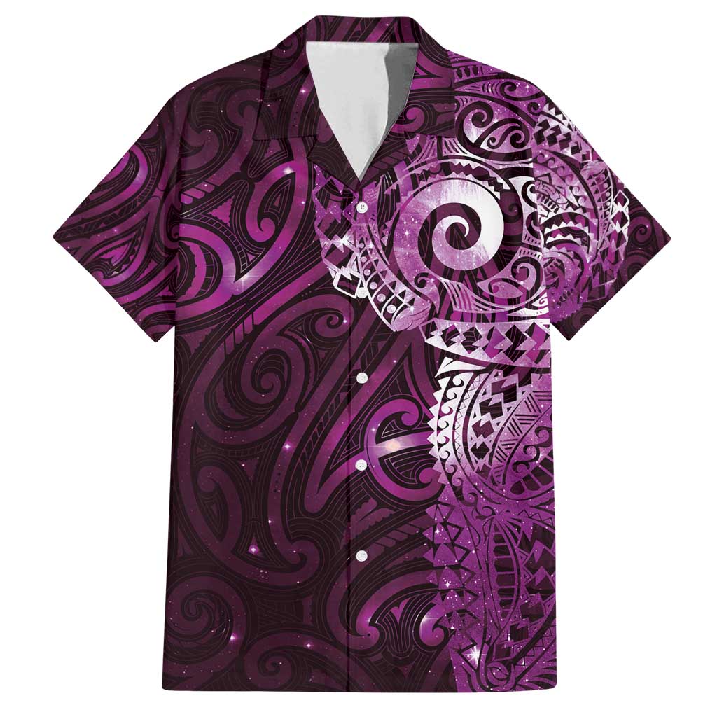 Matariki New Zealand Maori Koru Art Tattoo Family Matching Off Shoulder Short Dress and Hawaiian Shirt New Year Galaxy Pink Sky Style