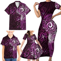 Matariki New Zealand Maori Koru Art Tattoo Family Matching Short Sleeve Bodycon Dress and Hawaiian Shirt New Year Galaxy Pink Sky Style