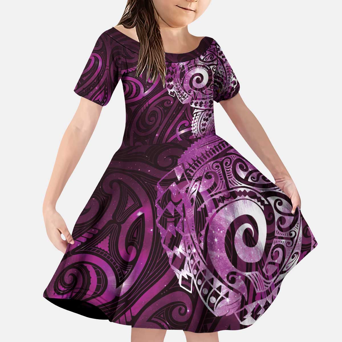 Matariki New Zealand Maori Koru Art Tattoo Kid Short Sleeve Dress New Year Galaxy Pink Sky Style