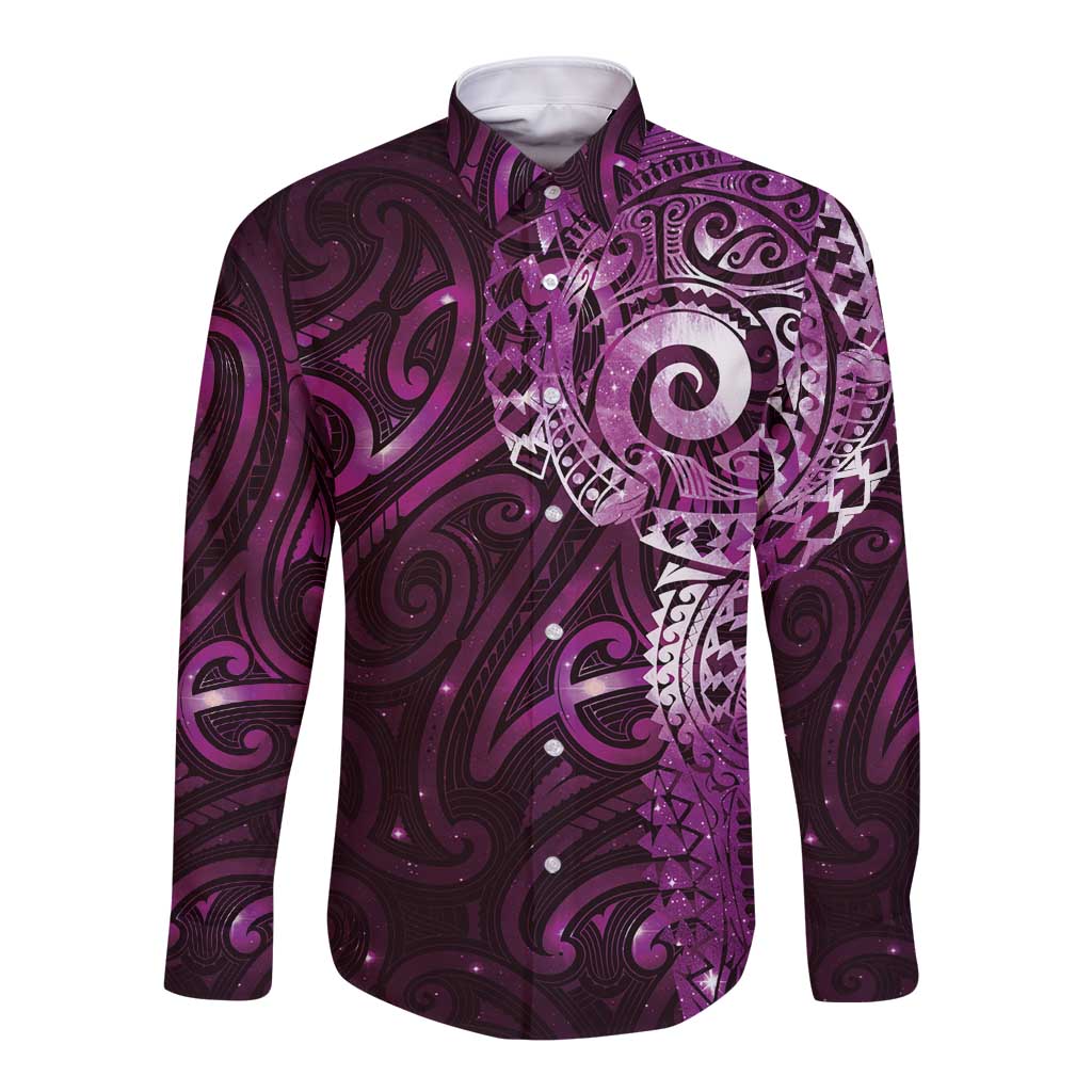 Matariki New Zealand Maori Koru Art Tattoo Long Sleeve Button Shirt New Year Galaxy Pink Sky Style