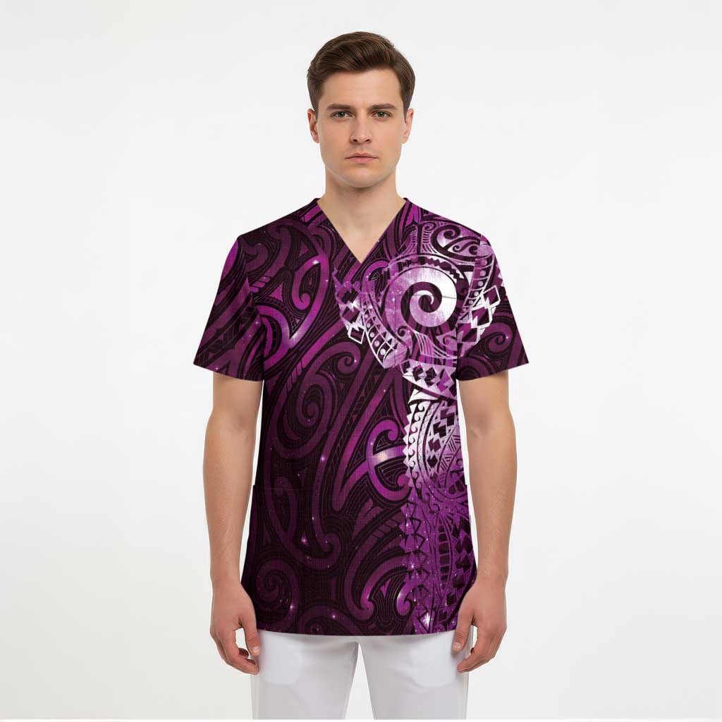 Matariki New Zealand Maori Koru Art Tattoo Scrub Top New Year Galaxy Pink Sky Style - Polynesian Pride