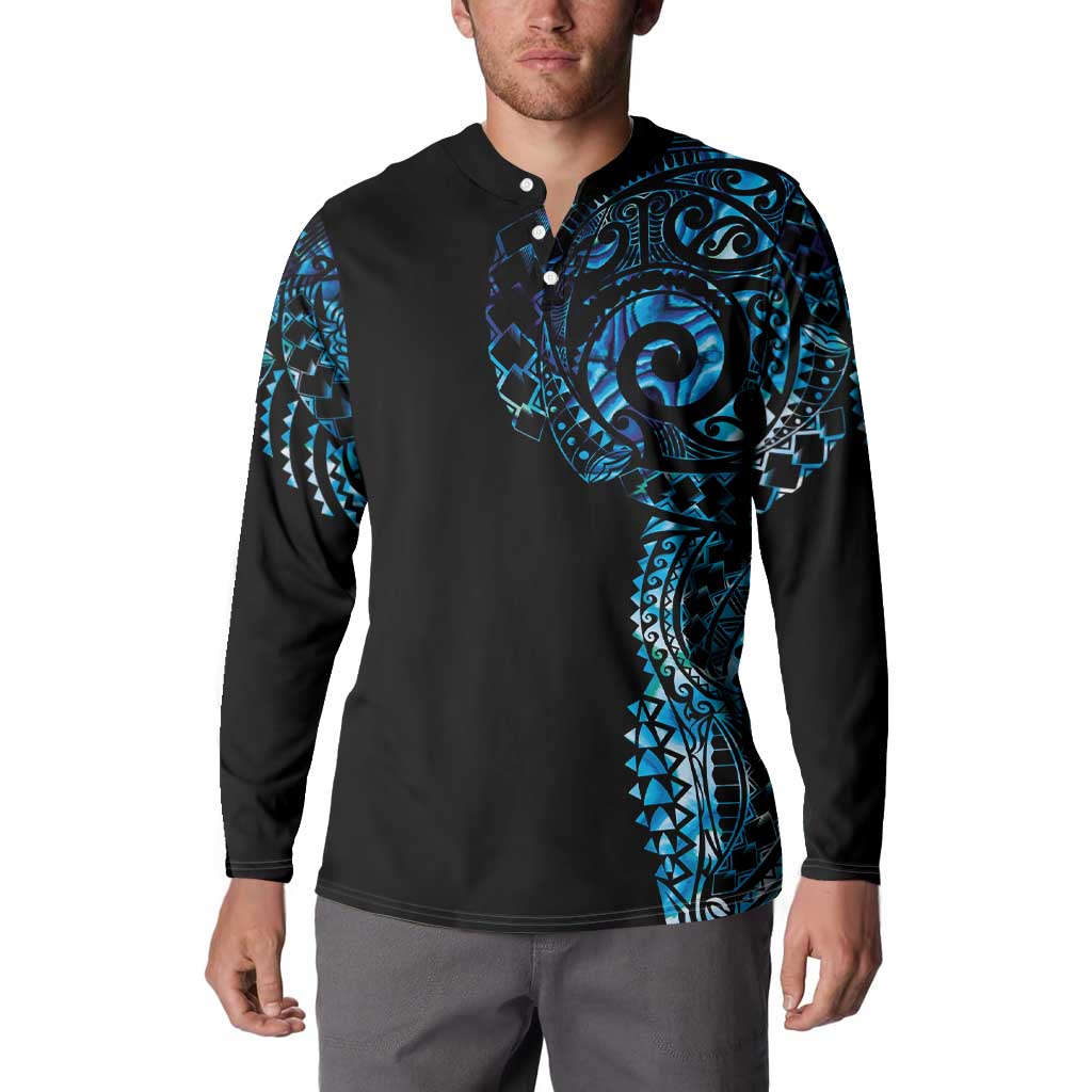 New Zealand Maori Koru Art Traditional Tattoo Button Sweatshirt Paua Shell