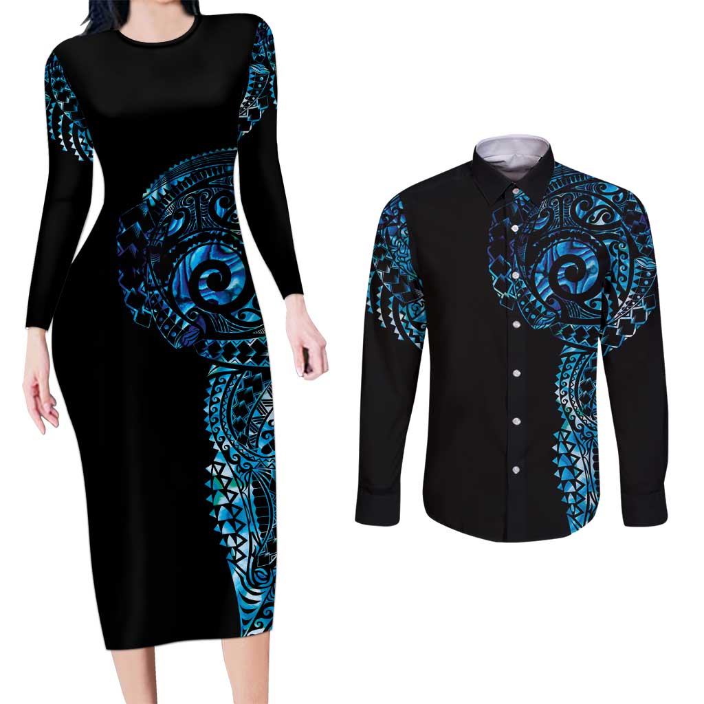 New Zealand Maori Koru Art Traditional Tattoo Couples Matching Long Sleeve Bodycon Dress and Long Sleeve Button Shirt Paua Shell
