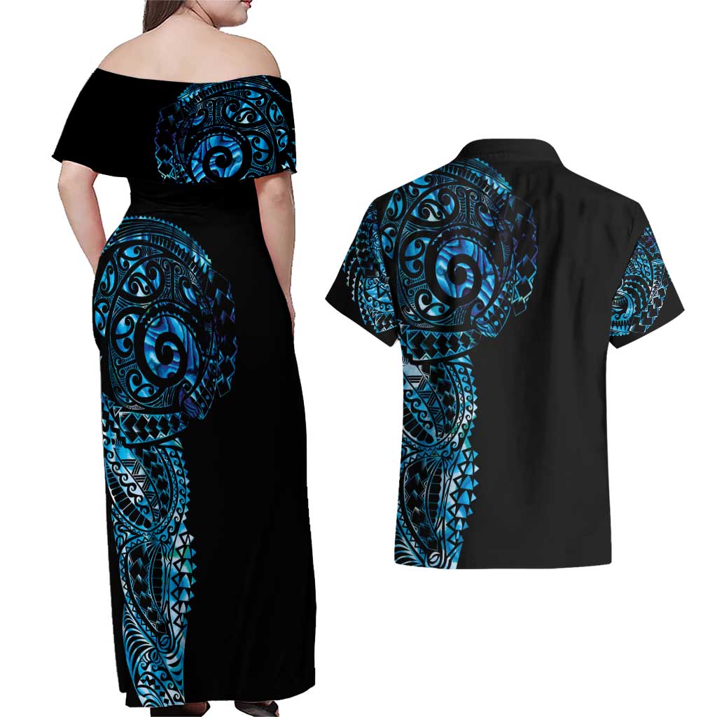 New Zealand Maori Koru Art Traditional Tattoo Couples Matching Off Shoulder Maxi Dress and Hawaiian Shirt Paua Shell
