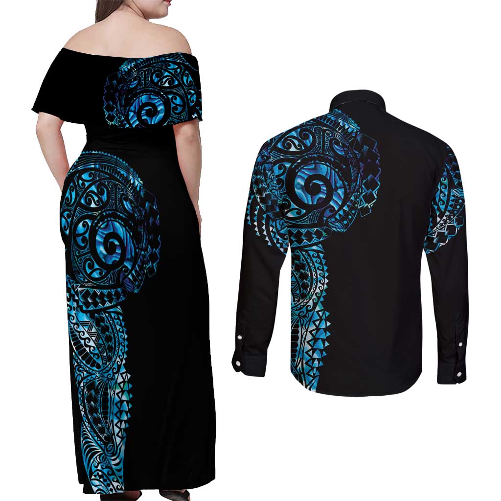 New Zealand Maori Koru Art Traditional Tattoo Couples Matching Off Shoulder Maxi Dress and Long Sleeve Button Shirt Paua Shell