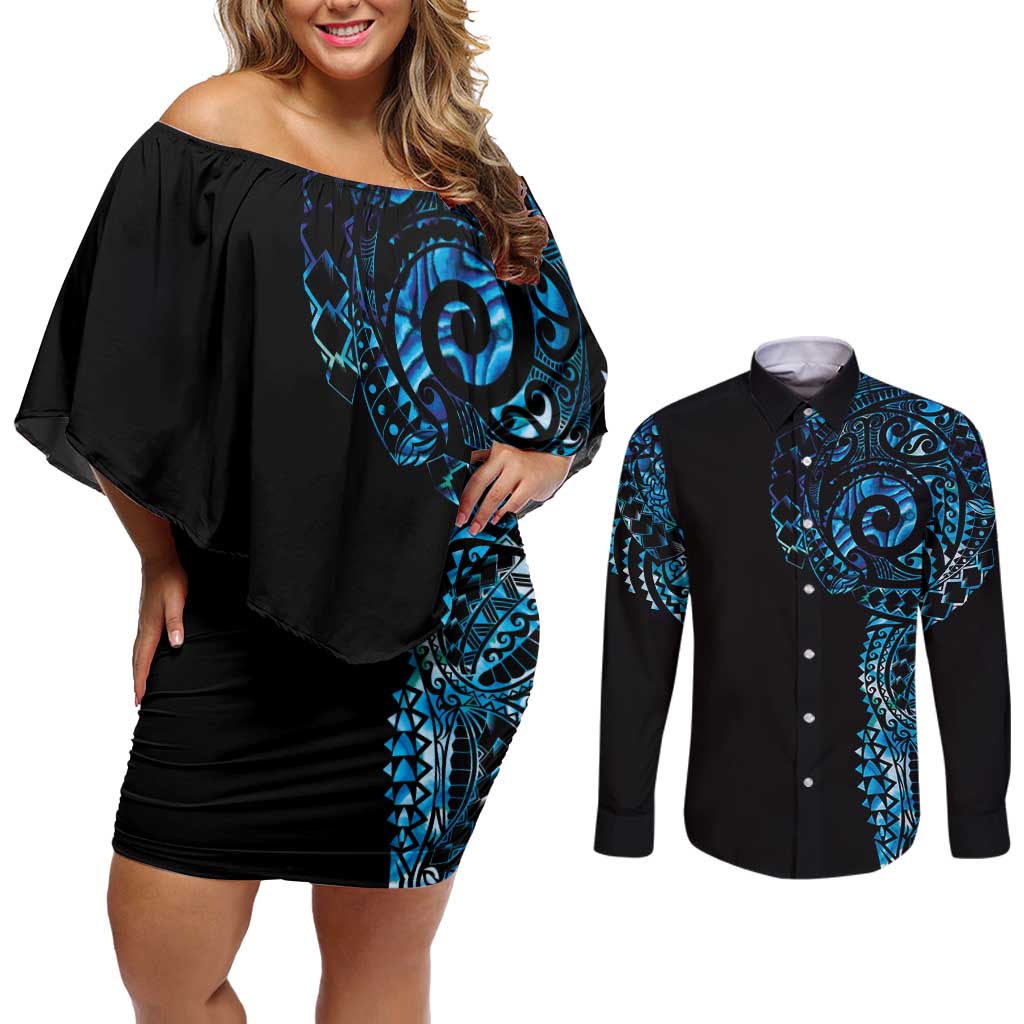 New Zealand Maori Koru Art Traditional Tattoo Couples Matching Off Shoulder Short Dress and Long Sleeve Button Shirt Paua Shell