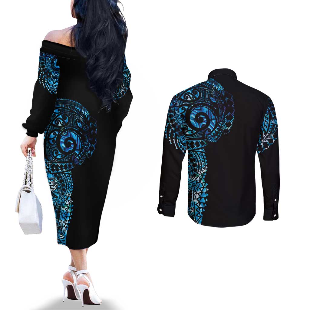 New Zealand Maori Koru Art Traditional Tattoo Couples Matching Off The Shoulder Long Sleeve Dress and Long Sleeve Button Shirt Paua Shell