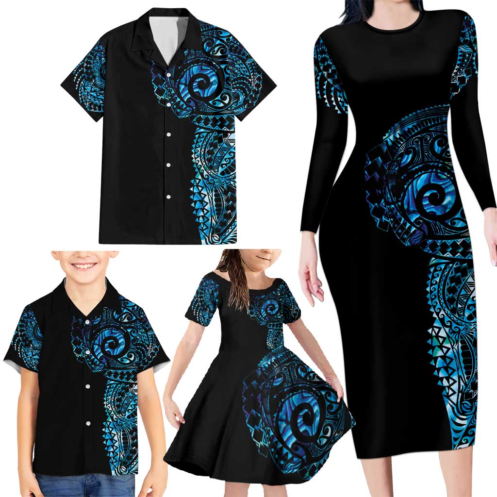 New Zealand Maori Koru Art Traditional Tattoo Family Matching Long Sleeve Bodycon Dress and Hawaiian Shirt Paua Shell