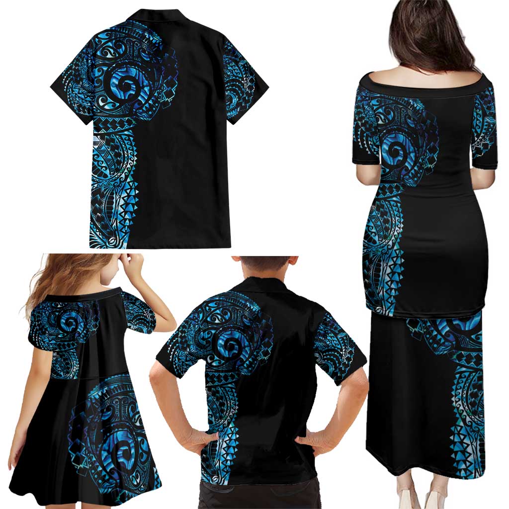 New Zealand Maori Koru Art Traditional Tattoo Family Matching Puletasi and Hawaiian Shirt Paua Shell