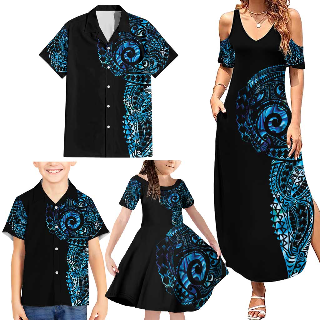 New Zealand Maori Koru Art Traditional Tattoo Family Matching Summer Maxi Dress and Hawaiian Shirt Paua Shell