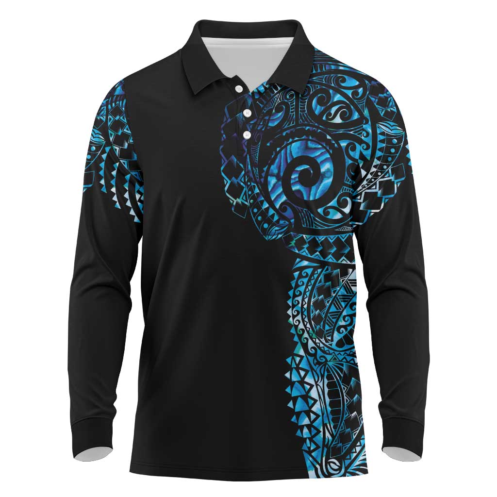 New Zealand Maori Koru Art Traditional Tattoo Long Sleeve Polo Shirt Paua Shell