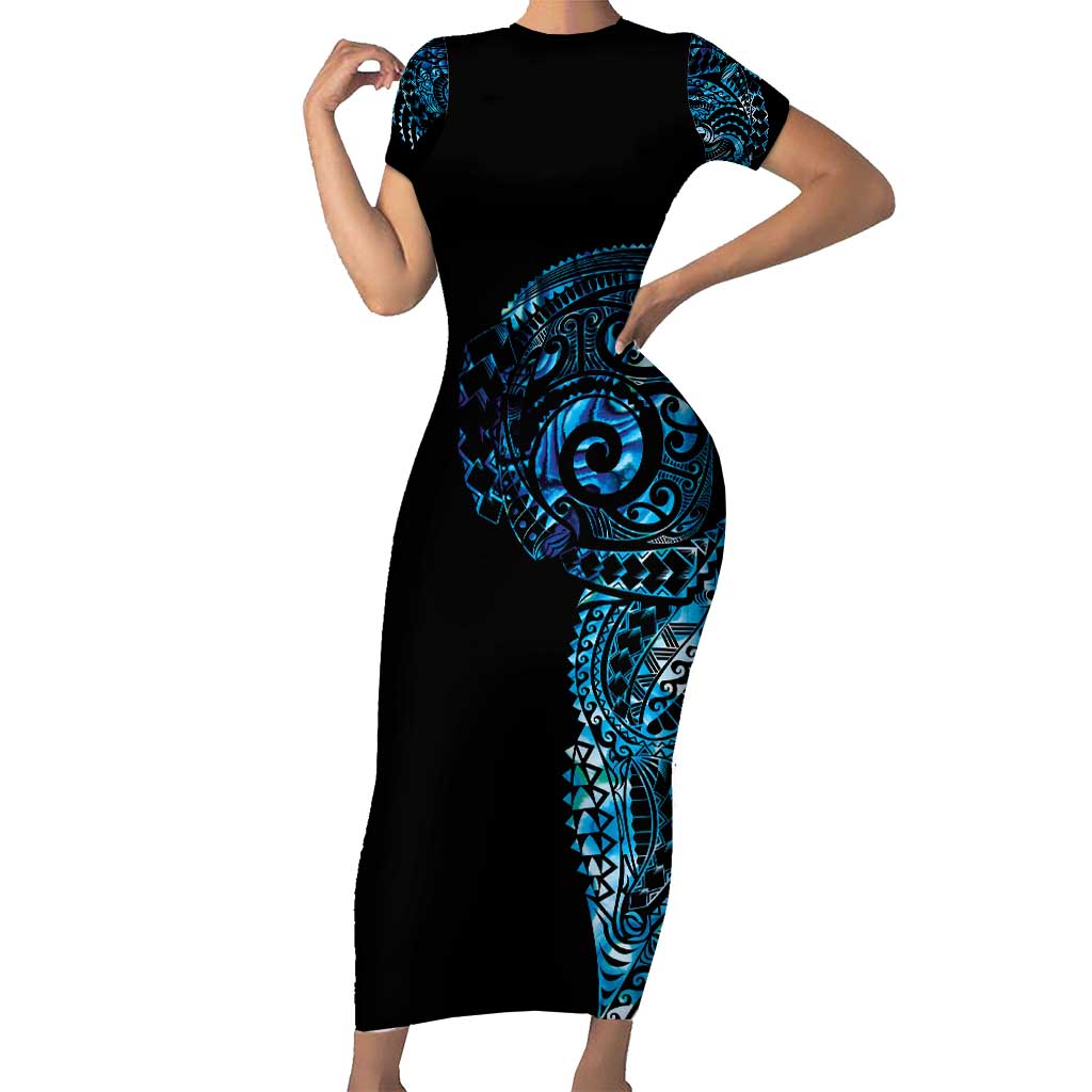 New Zealand Maori Koru Art Traditional Tattoo Short Sleeve Bodycon Dress Paua Shell