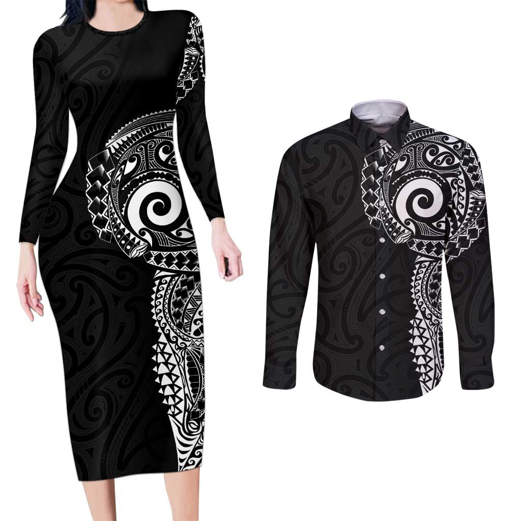 New Zealand Maori Koru Art Traditional Tattoo Couples Matching Long Sleeve Bodycon Dress and Long Sleeve Button Shirt Simple Style