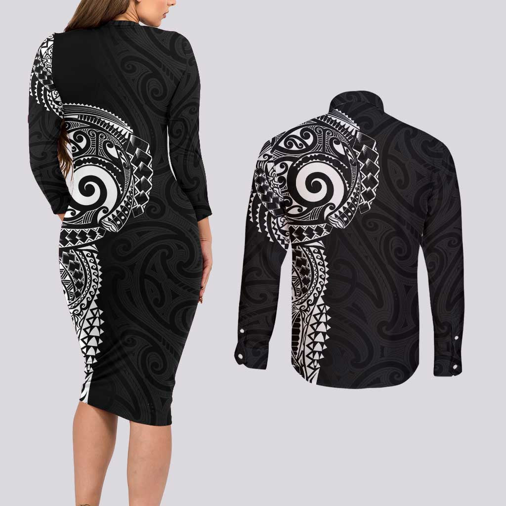 New Zealand Maori Koru Art Traditional Tattoo Couples Matching Long Sleeve Bodycon Dress and Long Sleeve Button Shirt Simple Style