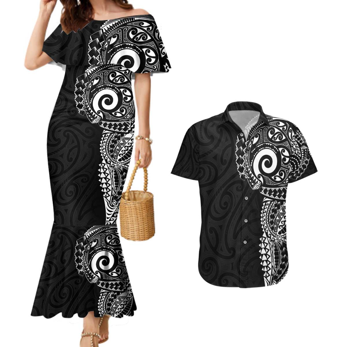 New Zealand Maori Koru Art Traditional Tattoo Couples Matching Mermaid Dress and Hawaiian Shirt Simple Style