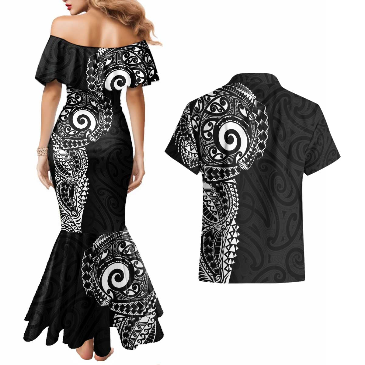 New Zealand Maori Koru Art Traditional Tattoo Couples Matching Mermaid Dress and Hawaiian Shirt Simple Style