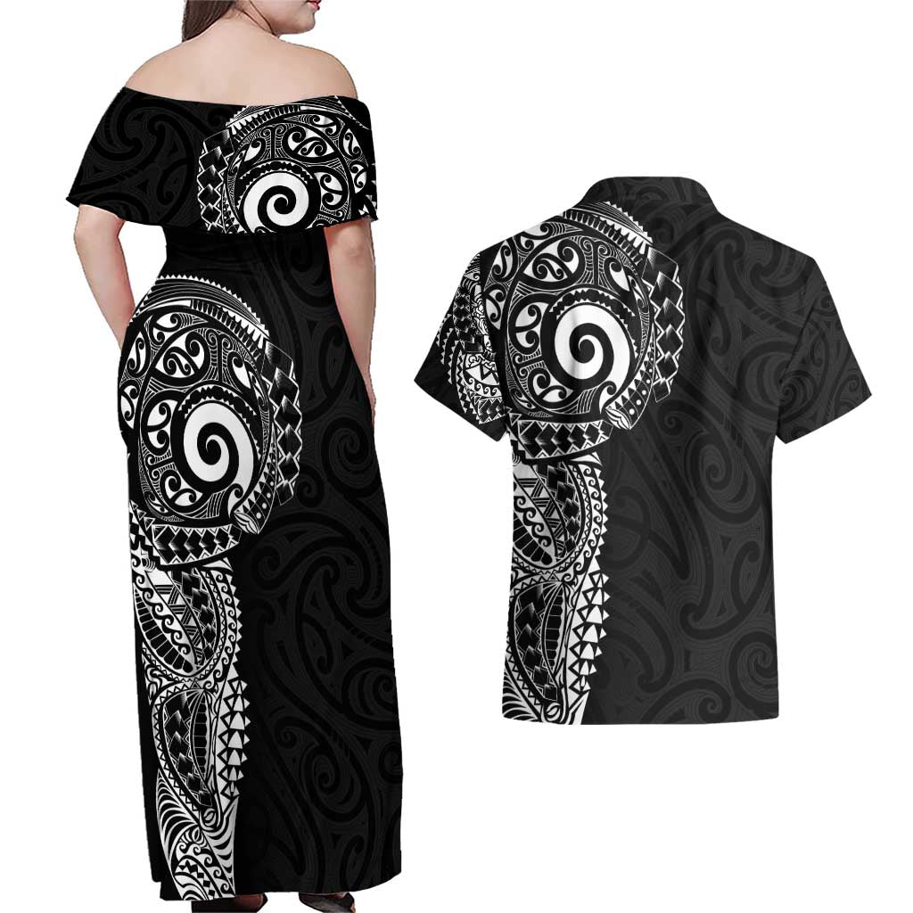 New Zealand Maori Koru Art Traditional Tattoo Couples Matching Off Shoulder Maxi Dress and Hawaiian Shirt Simple Style