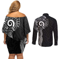 New Zealand Maori Koru Art Traditional Tattoo Couples Matching Off Shoulder Short Dress and Long Sleeve Button Shirt Simple Style