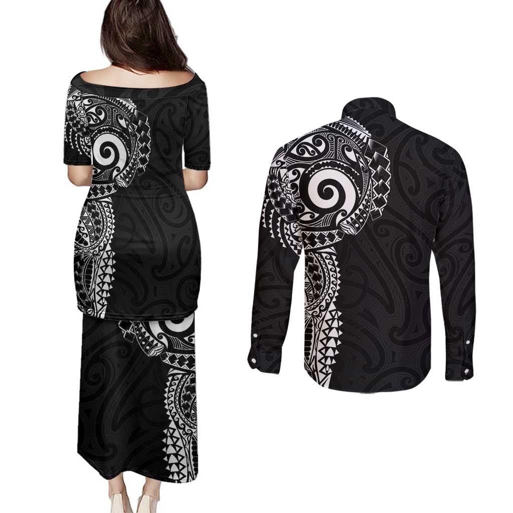 New Zealand Maori Koru Art Traditional Tattoo Couples Matching Puletasi and Long Sleeve Button Shirt Simple Style