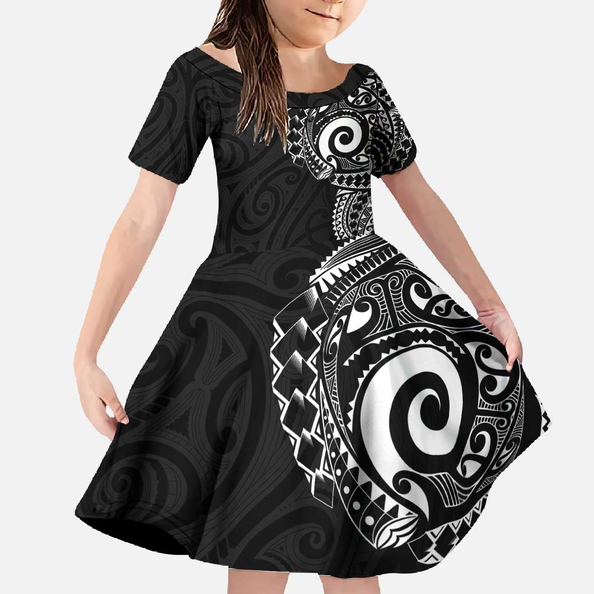 New Zealand Maori Koru Art Traditional Tattoo Family Matching Off The Shoulder Long Sleeve Dress and Hawaiian Shirt Simple Style