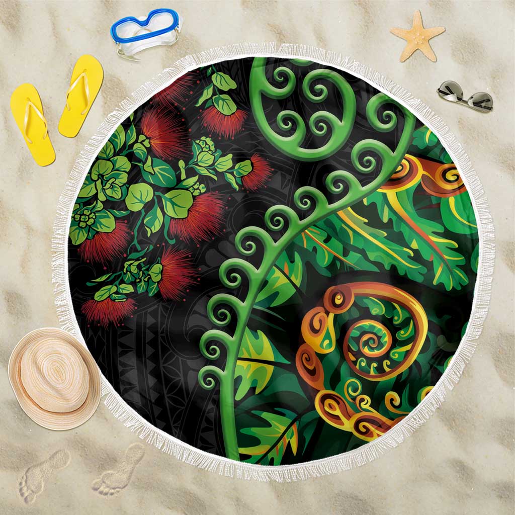 New Zealand Koru Plants and Pohutukawa Beach Blanket Maori Tattoo Pattern