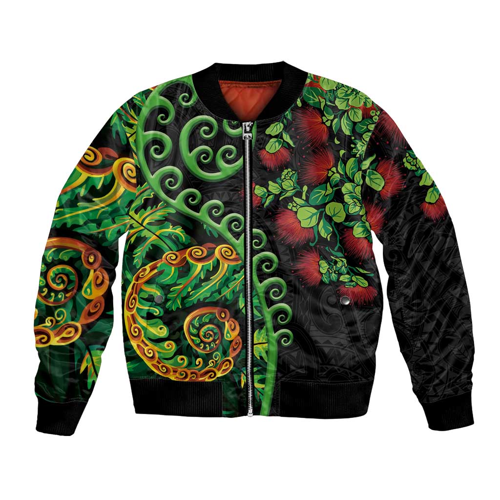 New Zealand Koru Plants and Pohutukawa Bomber Jacket Maori Tattoo Pattern