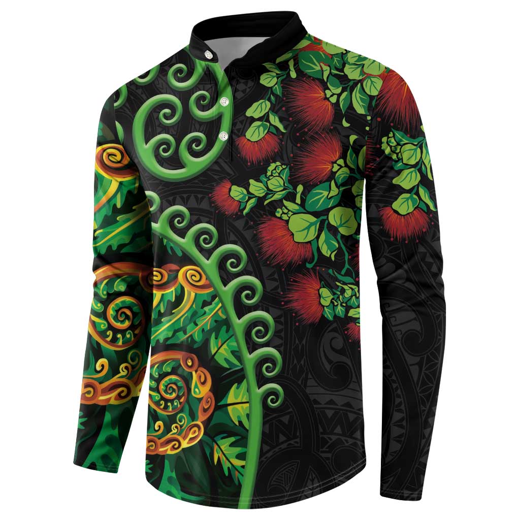 New Zealand Koru Plants and Pohutukawa Button Sweatshirt Maori Tattoo Pattern