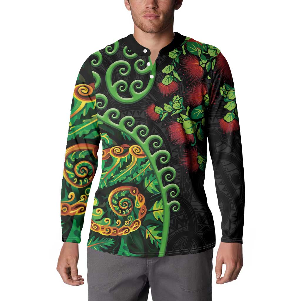 New Zealand Koru Plants and Pohutukawa Button Sweatshirt Maori Tattoo Pattern