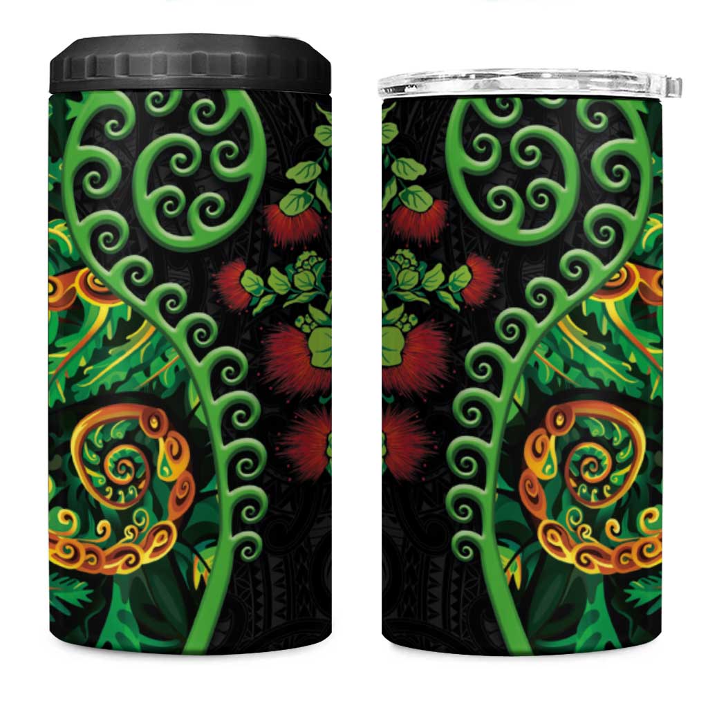New Zealand Koru Plants and Pohutukawa 4 in 1 Can Cooler Tumbler Maori Tattoo Pattern
